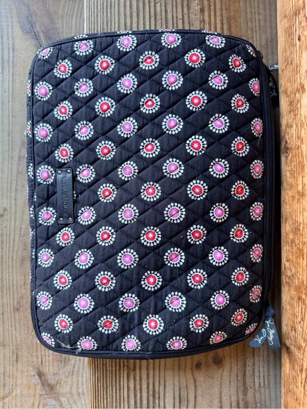 Vera Bradley Black Quilted Computer Sleeve with Pink and Red Floral Dots